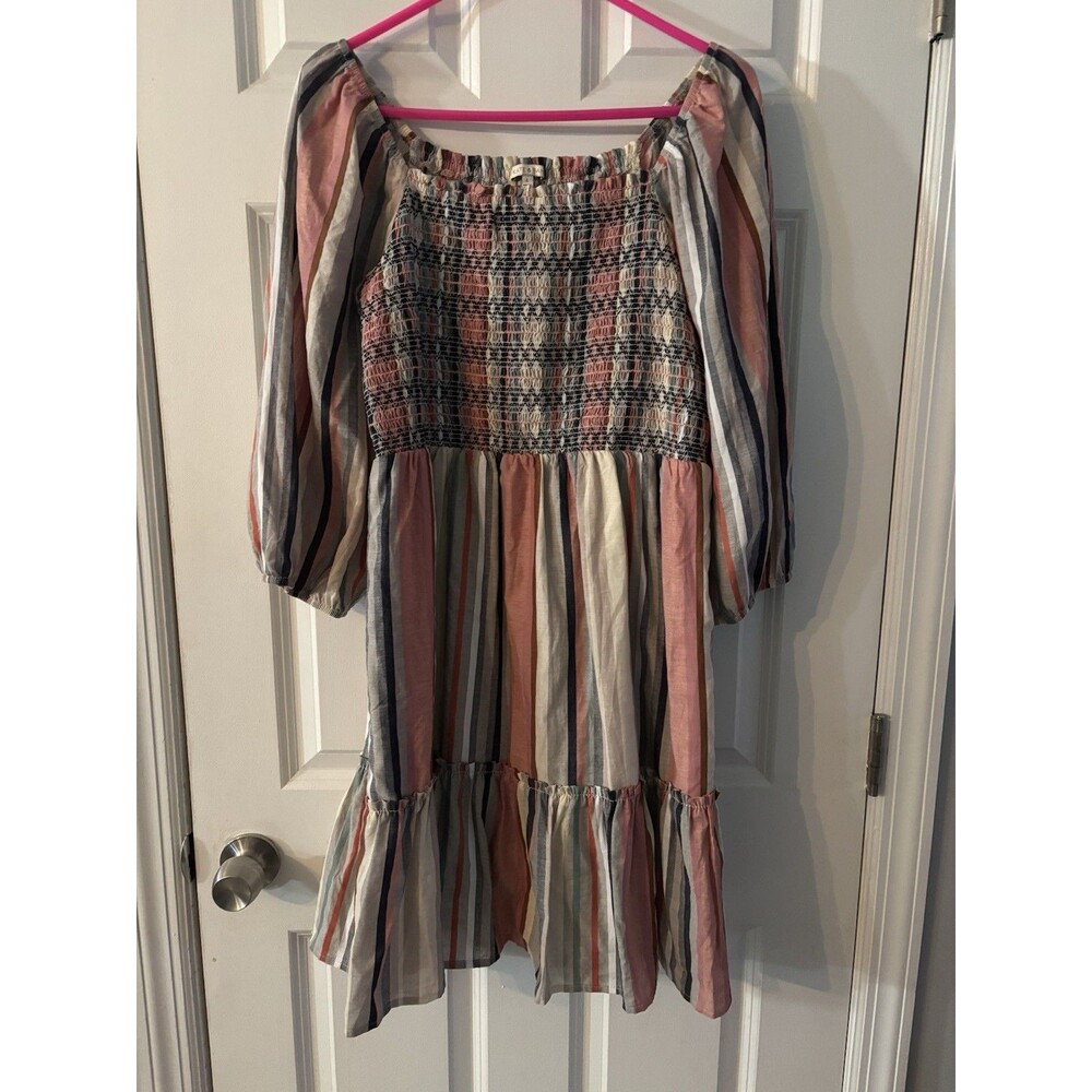 Kate and Sam smocked Flowy Boho Stripe Dress Medium Rose Blue Sleeves photos
